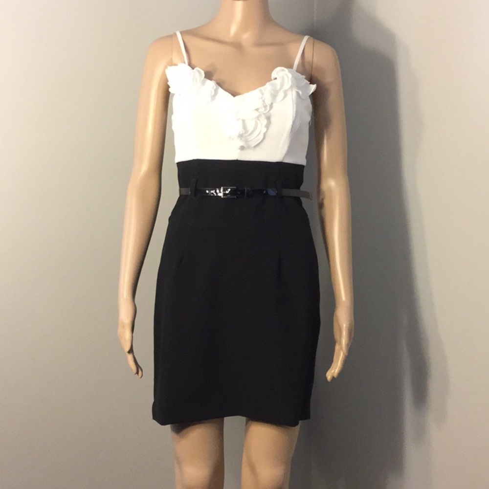 TAYLOR & HYDE B&W LINED BELTED STRETCH MINI DRESS